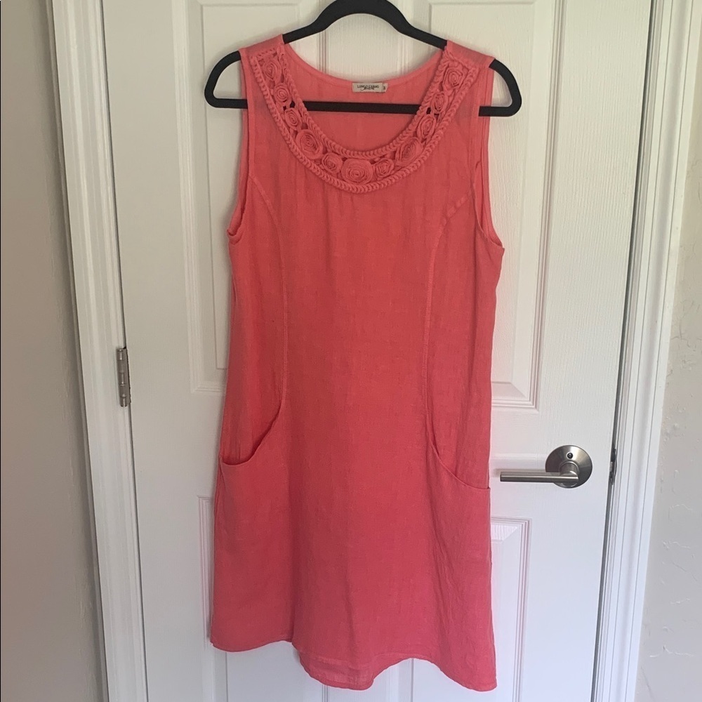 Lungo L’Arno made in Italy pink linen dress with floral collar size medium
